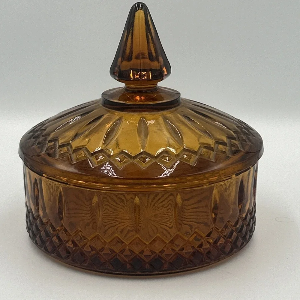Vintage Indiana Amber Glass Candy Dish with Lid Diamond Princess Pattern 6